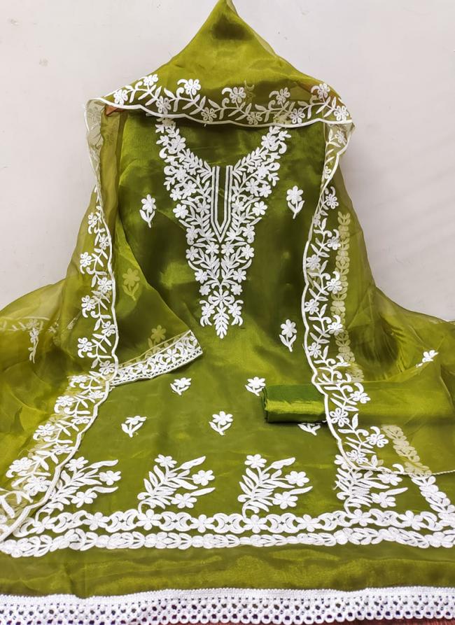 Organza Green Festival Wear Embroidery Work Dress Material